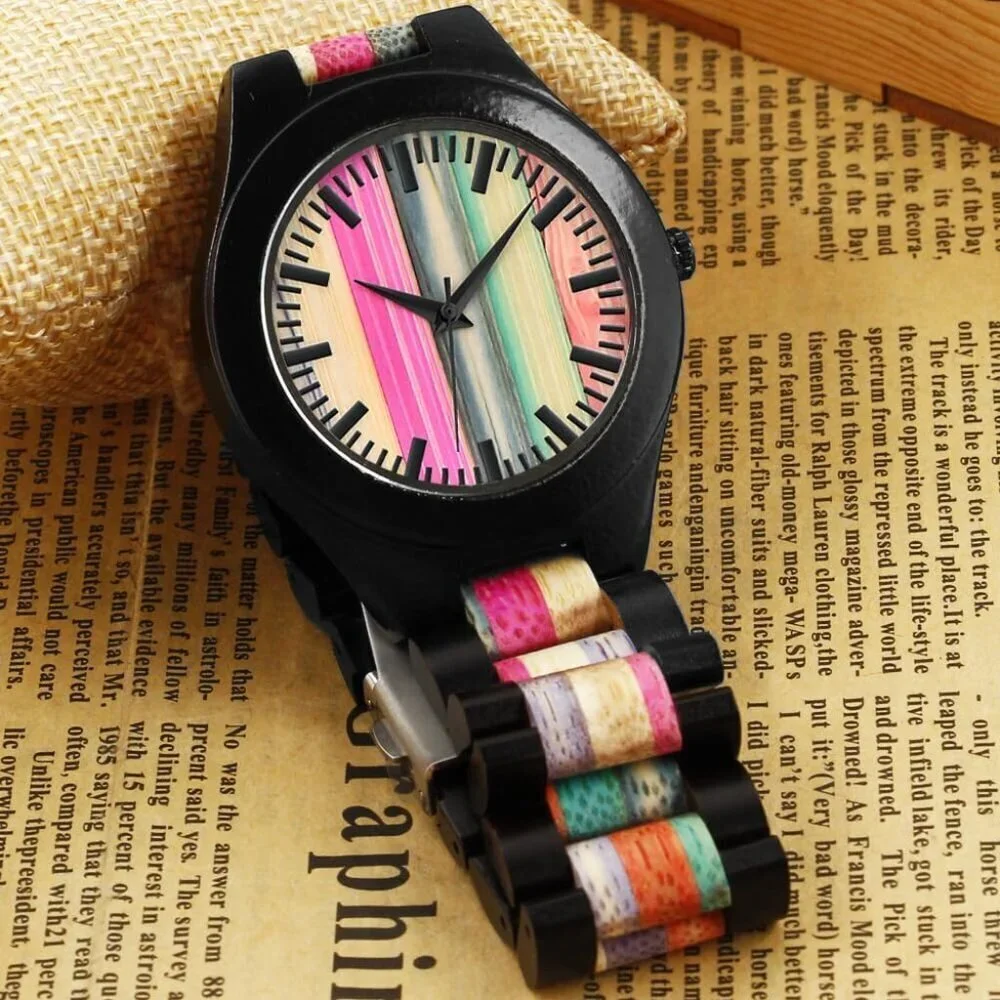 Mens Black Colorful Handmade Colorful Bamboo Engraved Analog Quartz Wooden Watch